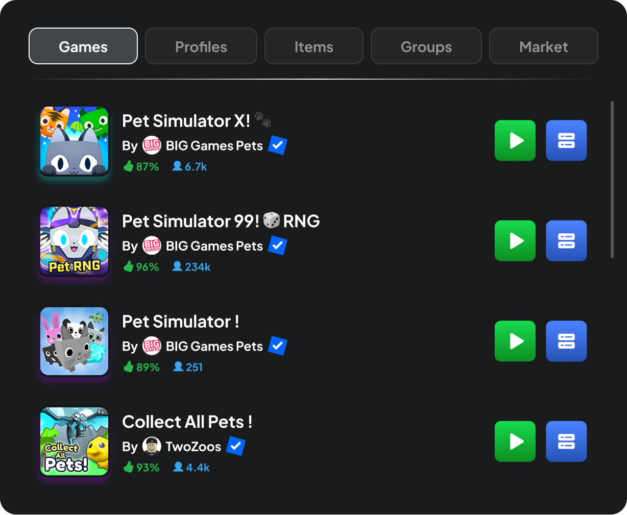 PowerSearch game results for pet simulator